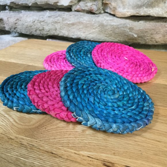 6 Coasters Tiki Bar Seagrass Barware Pink Blue - Picture 3 of 5